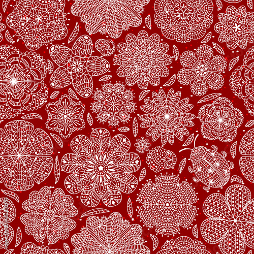 Seamless pattern with flowers and ladybug. Romantic floral background. Red colors. Detailed vector illustration. 