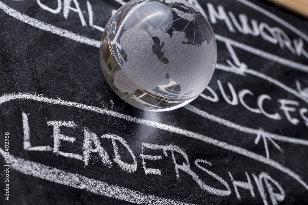 Fototapeta premium Leadership - Strategy planning flow chart with globe on blackboa