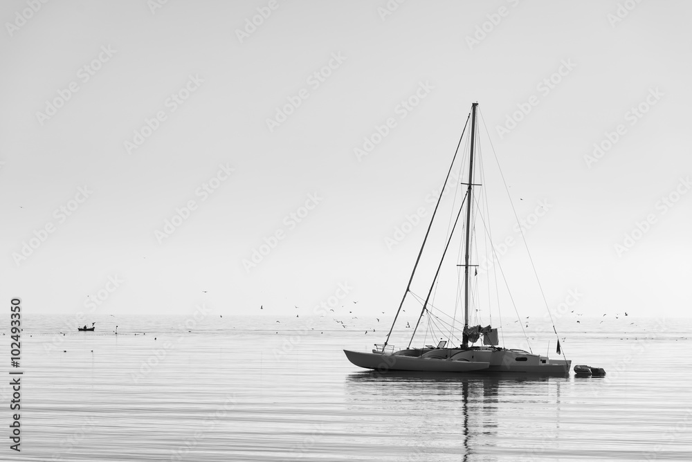 Catamaran floating  on calm water in the morning at mediterranean sea. Black and white photography