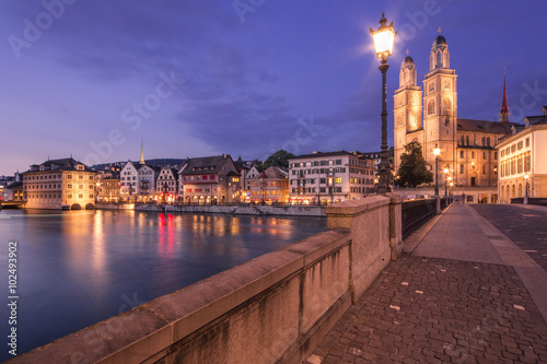 Famous view of various houses and churches in the old town part of Zurich