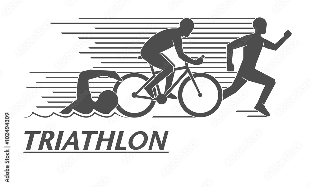 Black flat logo triathlon. Vector figures triathletes.