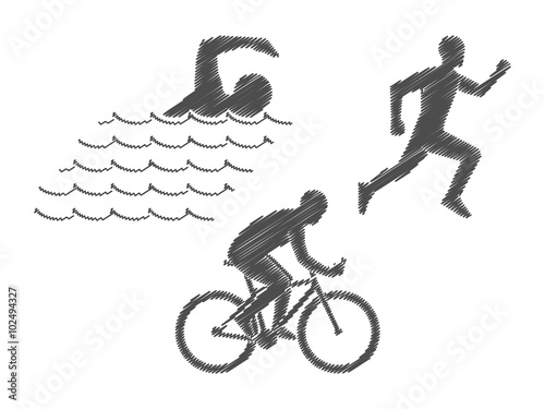 Vector pencil logo triathlon. Black figures triathletes on a whi