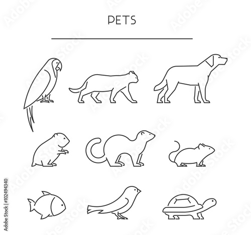 Line set of pets. Linear silhouettes animals isolated on white.