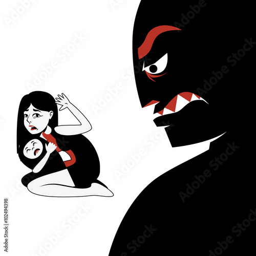 Woman hides the child from male silhouette