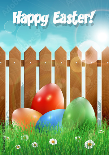 Easter card with Easter eggs and wooden fence. Vector illustration.