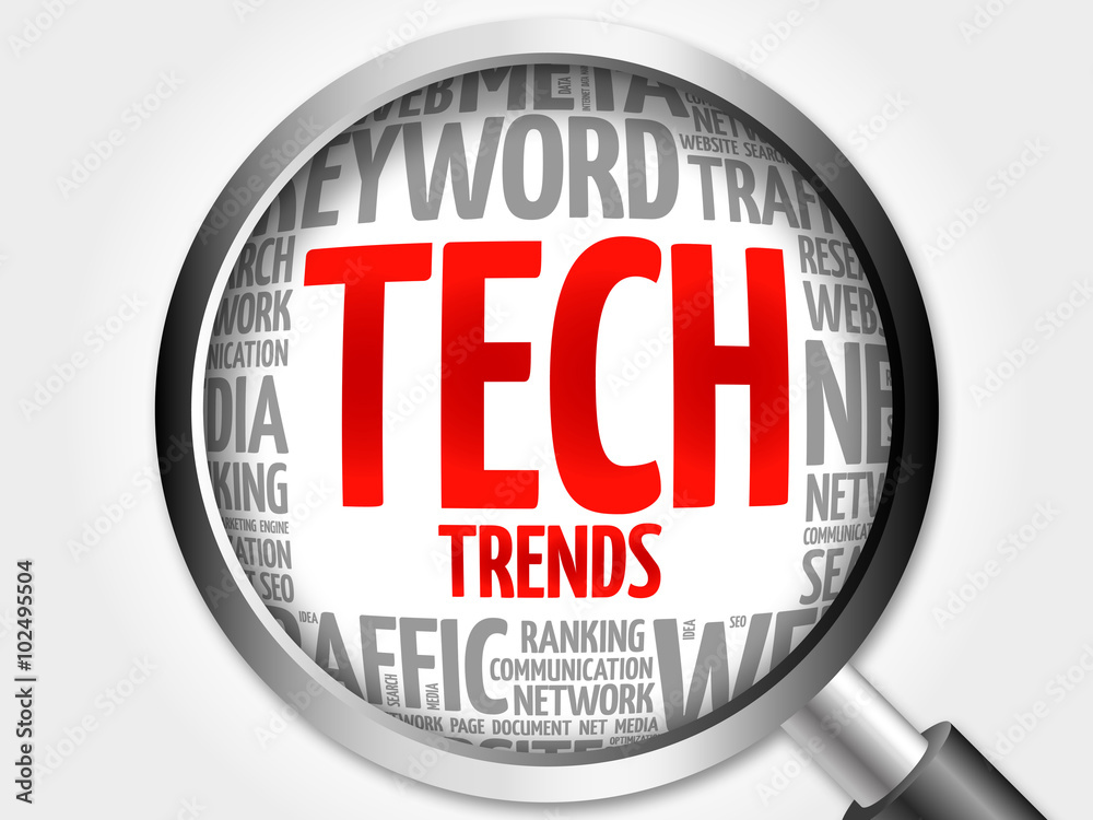 Tech Trends word cloud with magnifying glass, business concept Tech Trends word cloud with magnifying glass, business concept