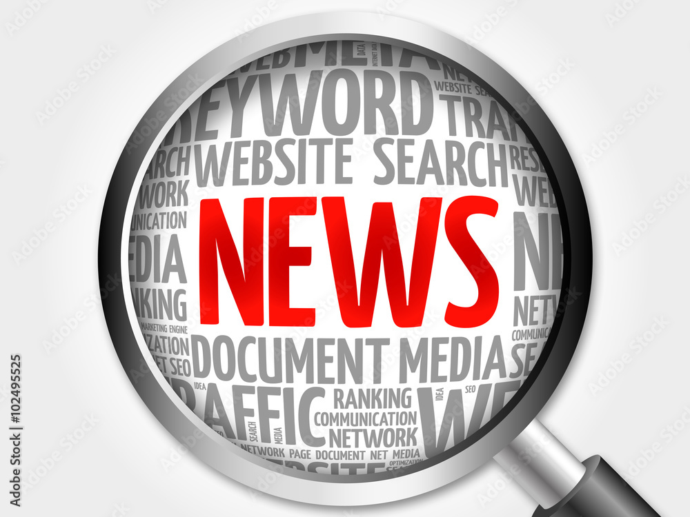 News word cloud with magnifying glass, business concept