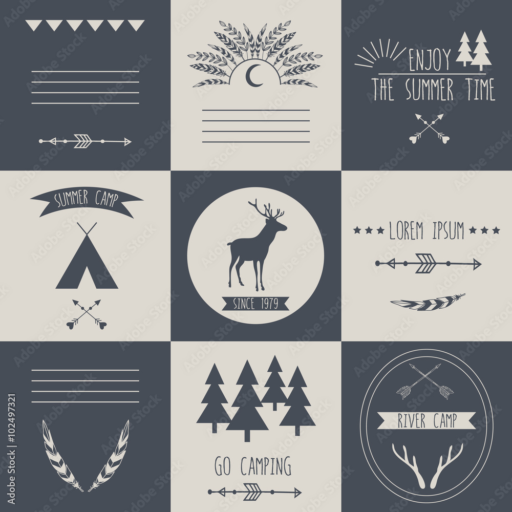 Set of vintage camping and outdoor activity logos. 