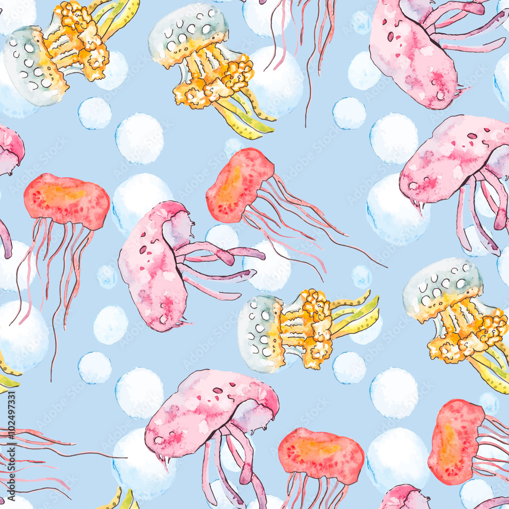 Fototapeta premium Colorful jellyfish. Sea pattern. Seamless pattern watercolor.