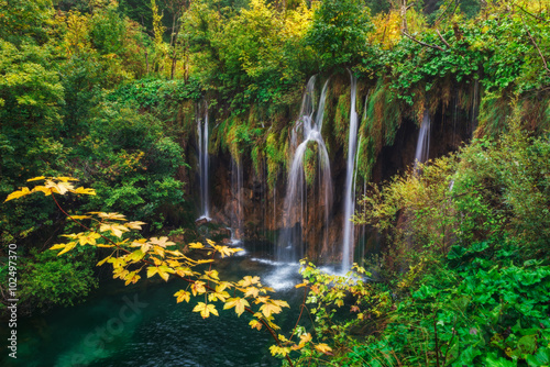 Croatia. Plitvice Lakes. Branch with yellow leaves against the backdrop of a waterfall
