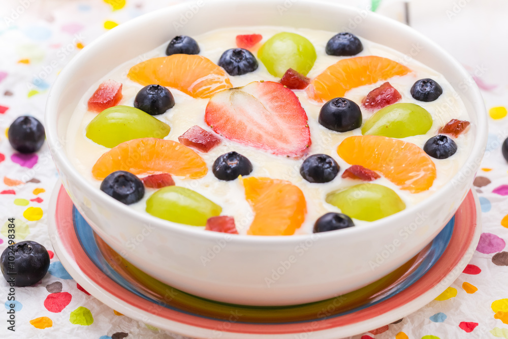 Delicious milky vanilla pudding colorful fruit Delicious milky vanilla pudding colorful fruit