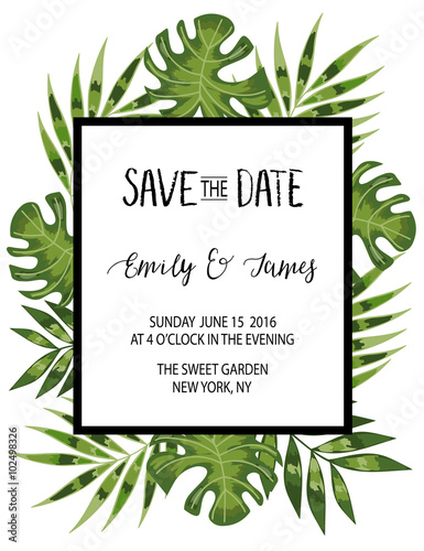Vintage wedding invitation with tropic flowers. Save the date design.