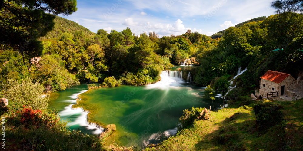 Beautiful long exposure panorama over some waterfalls of the Krka river in Krka national park in Croatia