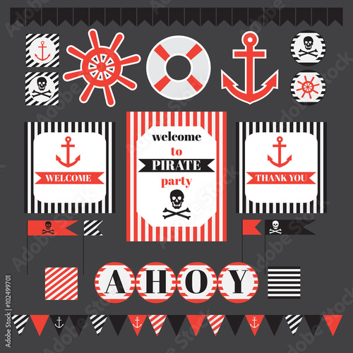 Printable set of vintage pirate party elements.