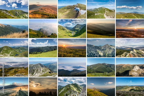 Collage of nature photos on theme of MOUNTAINS