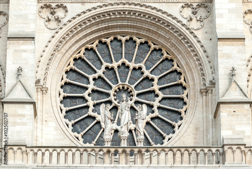 The exterior of the Western Rose window of Notre-Dame de Paris Cathedral
