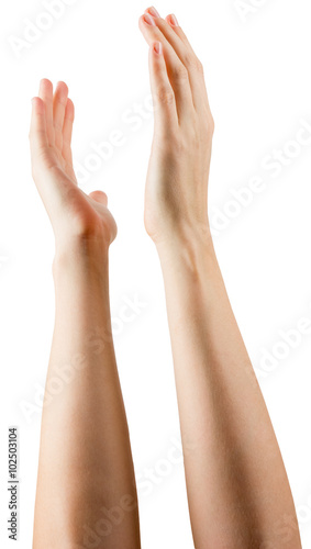 Group of hands applauding on white background