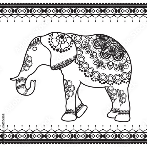 Elephant with border elements in ethnic mehndi style. Vector black and white illustration isolated on white background
