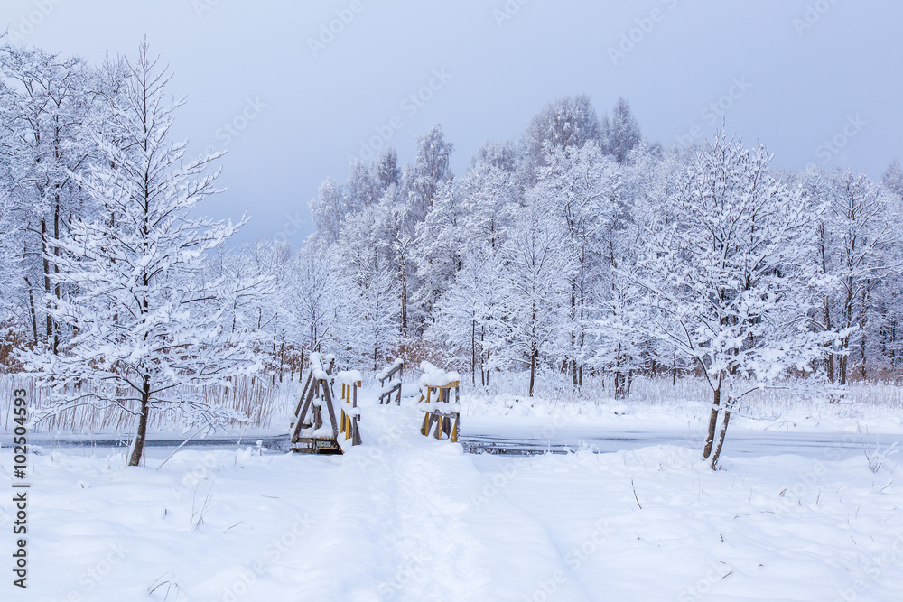 Fototapeta premium Over the river is a snow covered bridge and trail, and surrounded by snow covered trees