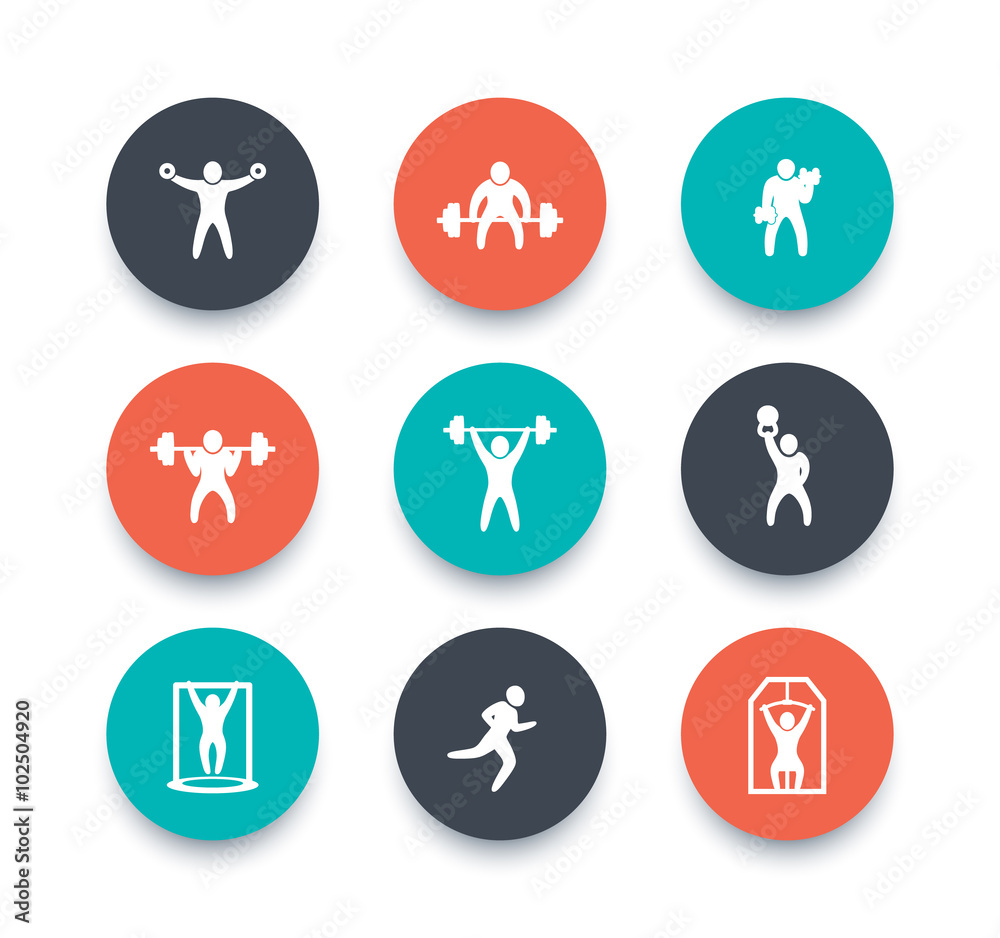Gym, fitness exercises round color icons, gym training, workout icon, vector illustration Gym, fitness exercises round color icons, gym training, workout icon, vector illustration