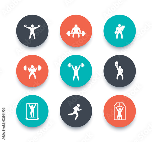 Gym, fitness exercises round color icons, gym training, workout icon, vector illustration