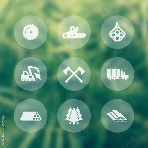 Logging, forestry equipment transparent icons, sawmill, logging truck, tree harvester, timber, wood, lumber, chainsaw icons, vector illustration