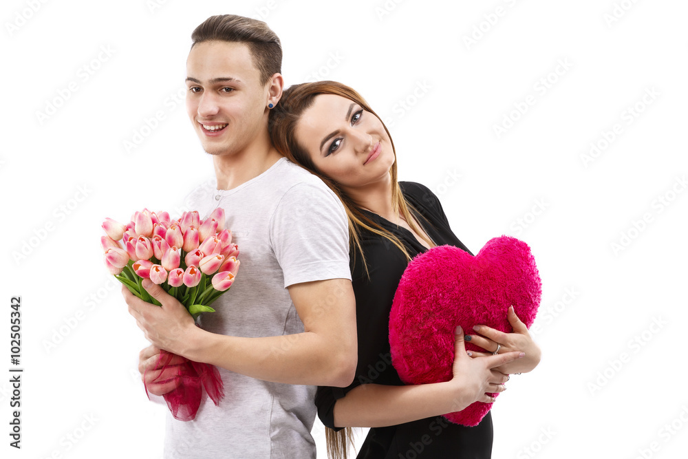 happy couple with a bouquet of tulips, valentines day theme happy couple with a bouquet of tulips, valentines day theme