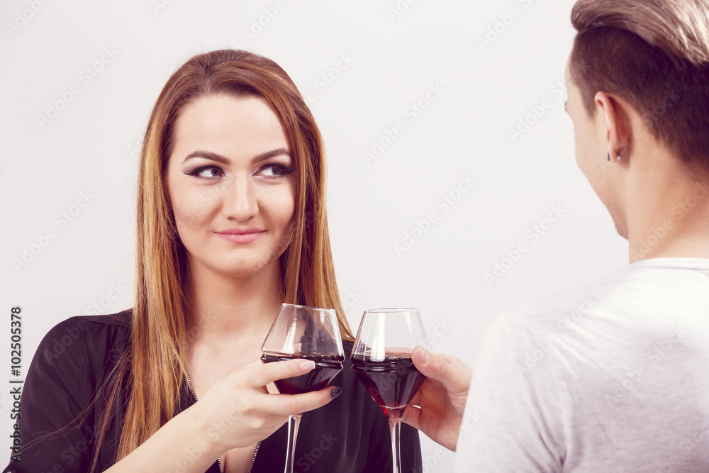 couple and holiday concept - smiling young woman with glass of r couple and holiday concept - smiling young woman with glass of r