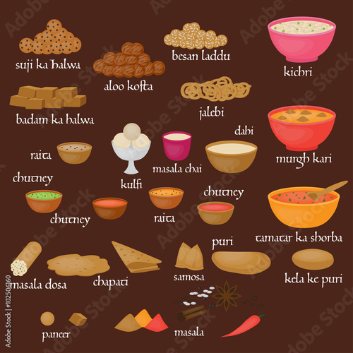 Vedic Indian cuisine, set of vegetarian healthy food