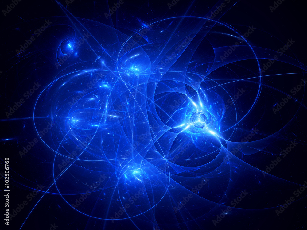 Blue glowing space objects with trajectories