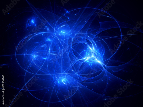 Blue glowing space objects with trajectories