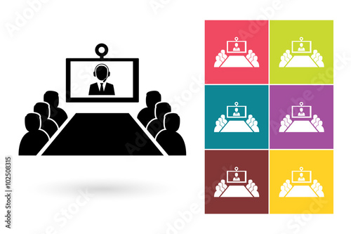 Conference vector icon or video conference symbol. Online meeting icon or online conference pictogram for business meeting logo or label with video conference