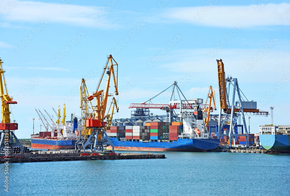 Container stack and ship under crane bridge Container stack and ship under crane bridge