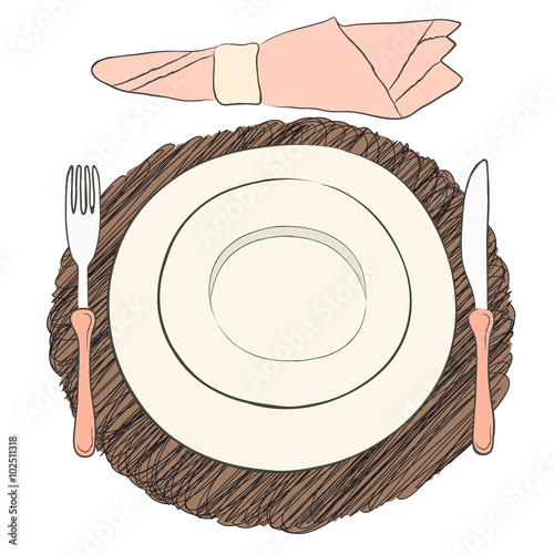 Informal vector table setting. Tableware and eating utensils are set at the table for serving. Simply style place setting or table setting or laying a table) are for casual dining.