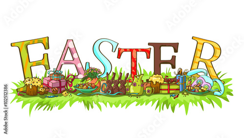 Easter header with colorful letters and a lot of Easter objects.
