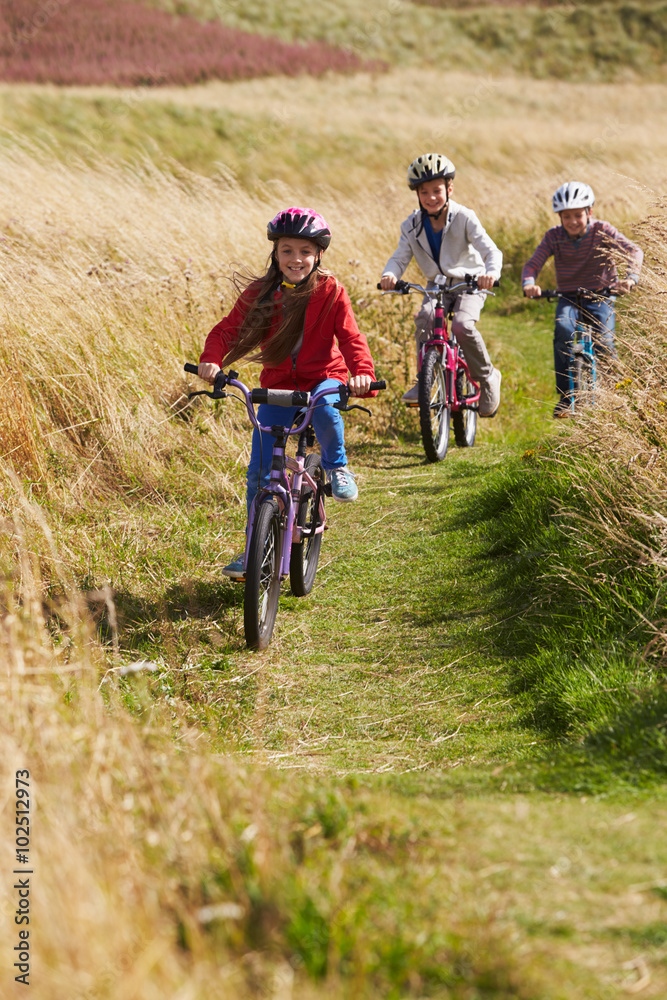Group Of Children Riding Bikes Through Countryside Group Of Children Riding Bikes Through Countryside
