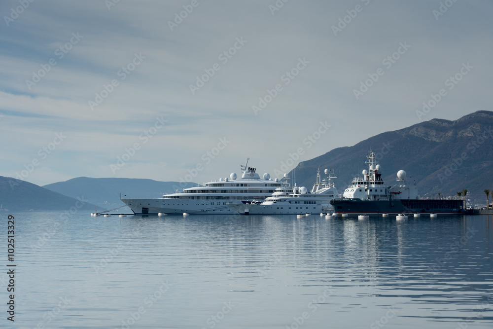 Port of montenegro with yachts and moving sky and clouds