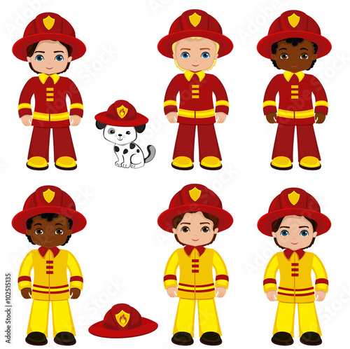Fire brigade cute boys cartoon vector illustration.vector illustration isolated oh white background. 