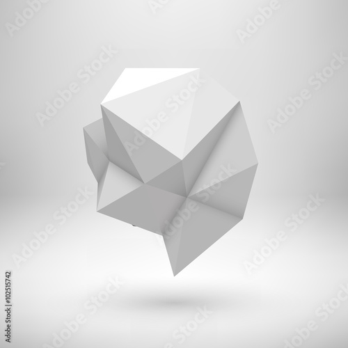 White abstract shape with low-poly, polygonal triangular mosaic texture and realistic shadow for logo, design concepts, web, presentations and prints. Realistic 3D render design. Vector illustration. 