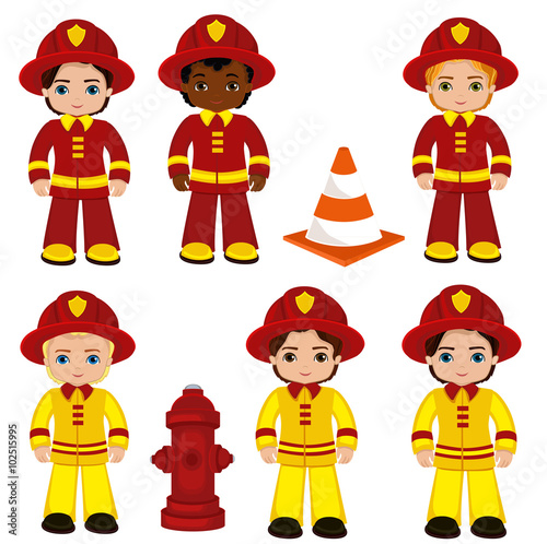 Fire brigade cute boys cartoon vector illustration.