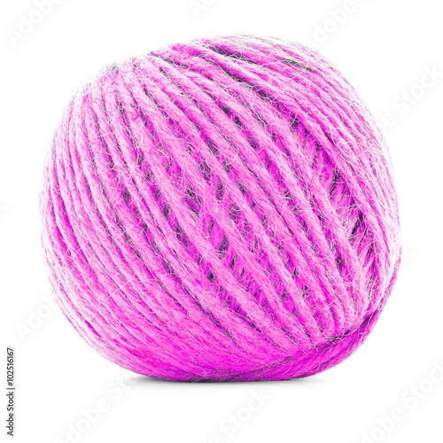 Pink braided skein, knitting thread roll isolated on white background