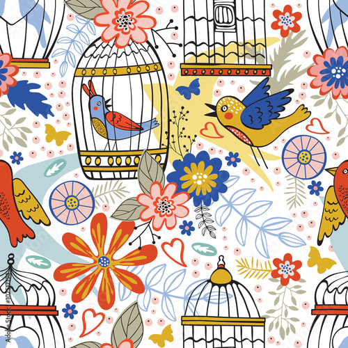 Elegant pattern with flowers, bird cages and birds