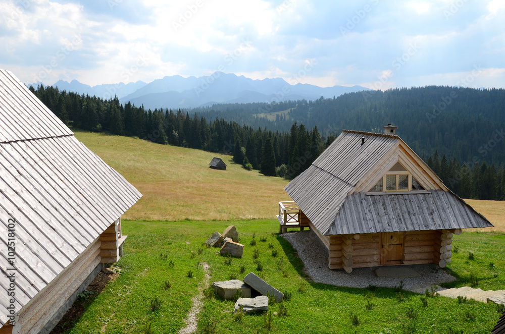 Mountain landscape with wooden house