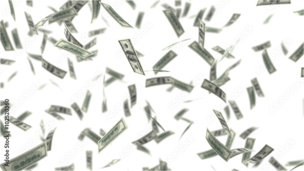 One hundred dollar bills falling through air. 4k animation
