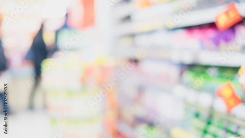 Blurred background, product shelf at supermarket