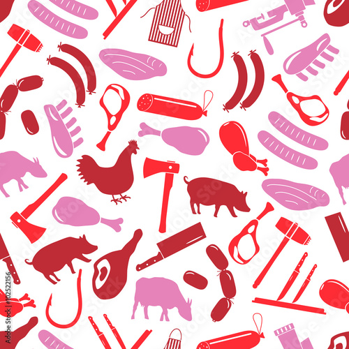 butcher and meat shop icons seamless red pattern eps10
