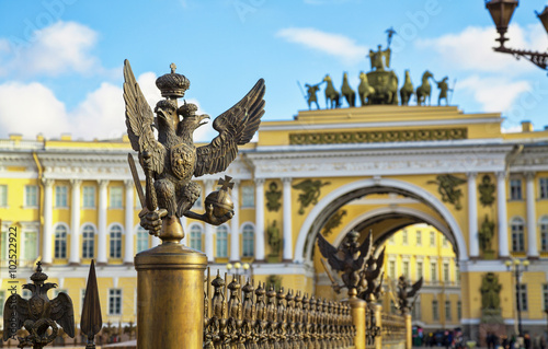 Three-headed eagle, architecture element fence of Alexander column. Saint Petersburg, Russia. photo