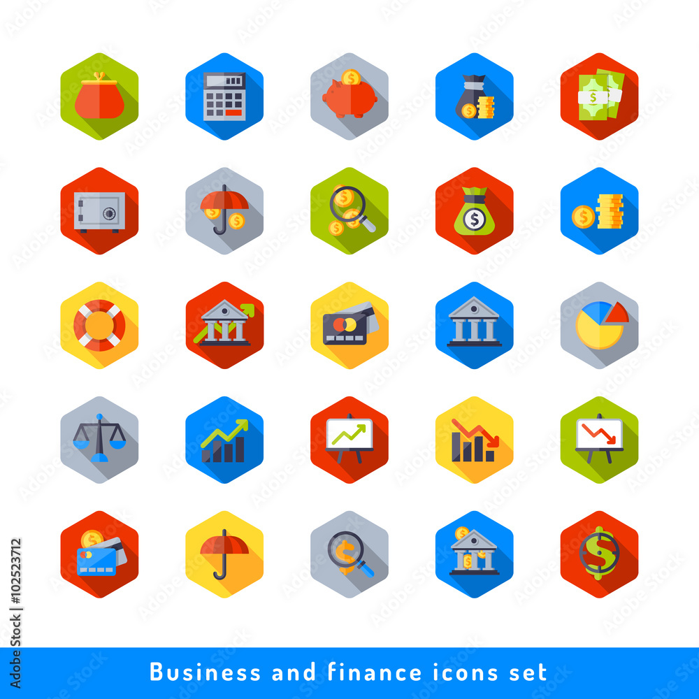 Naklejka premium Business and finance icon set in flat