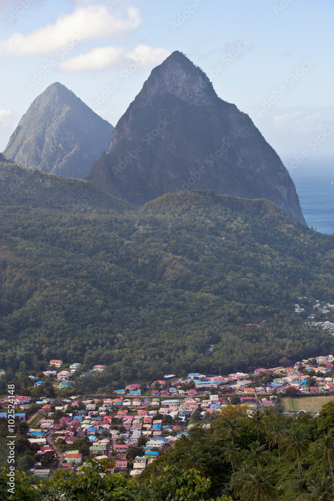The colorful town of Soufriere is nestled at the base of the Pitons in St. Lucia