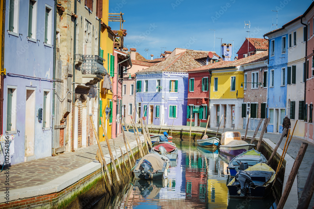 Beautiful corners of the lagoon of Venice and Burano in the afte